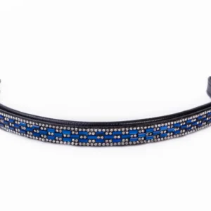 Bridleberry Leather Tack & Co Black Leather Browband w/5 rows of Crystals,3 rows in Blue & Clear Rectangle Pattern, Edged in Clear Crystals