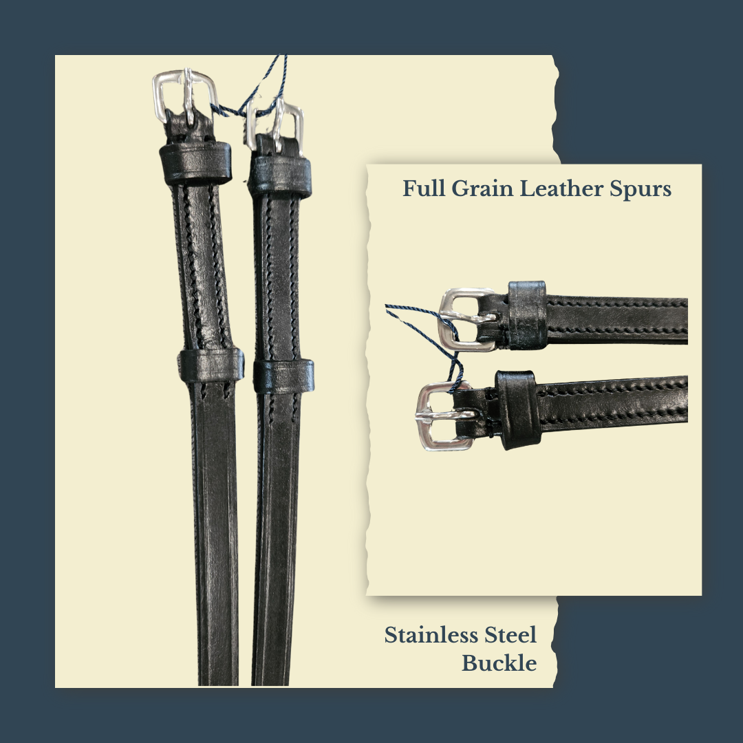 Bridleberry Leather Tack & C Full Grain Leather Spur Straps in Black w/ Stainless Steel Buckle
