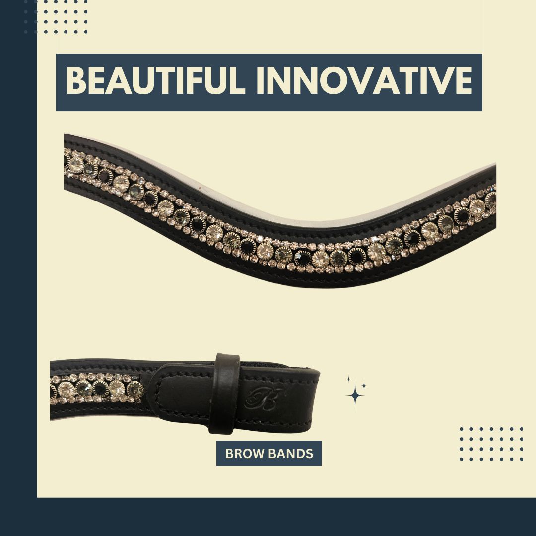 Bridleberry Leather Tack & Co Black Brow Band Row of Lg. Shades of grey Crystals Edged in small Crystals, White Padding